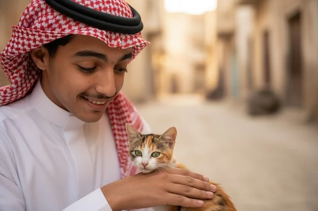 رجل سعودي بالزي التقليدي يحمل قطة صغيرة