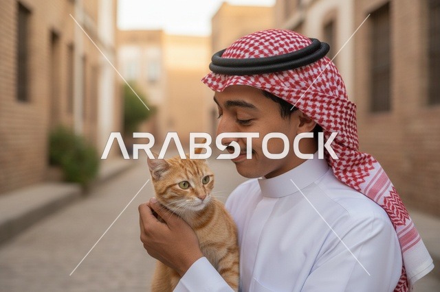 رجل سعودي بالثوب يحمل قطة في الخارج