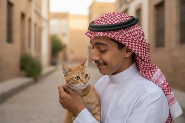 رجل سعودي بالثوب يحمل قطة في الخارج