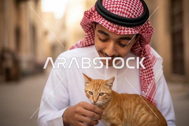 شاب سعودي بالثوب والشماغ يداعب قطة برتقالية في الخارج