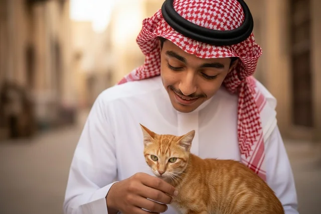 شاب سعودي بالثوب والشماغ يداعب قطة برتقالية في الخارج