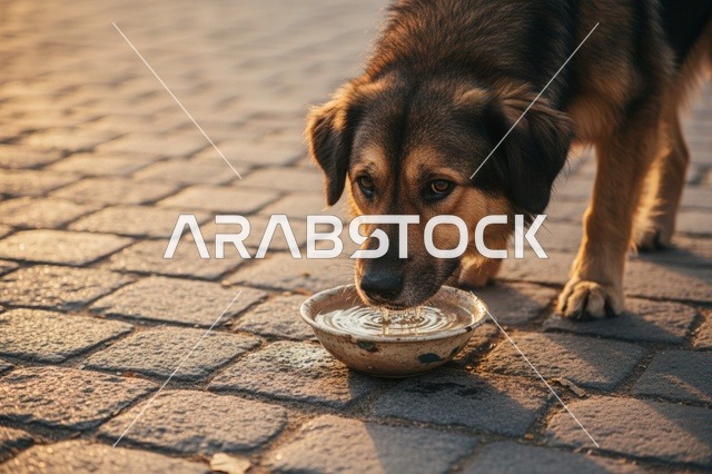 كلب يشرب الماء في شارع مرصوف وقت الغروب