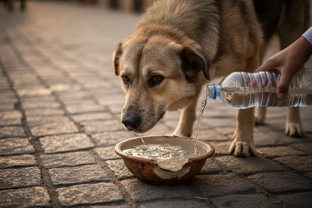 Person Pouring Water for Stray Dog on Cobblestone Street