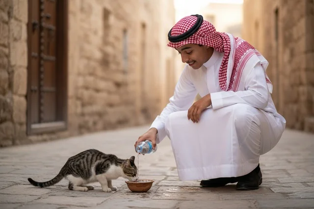 Saudi Man in Traditional Thobe Feeding Cat in Old Alley