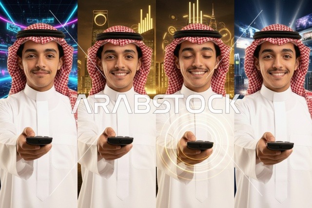 Saudi Man Holding Remote Control with Digital Backgrounds
