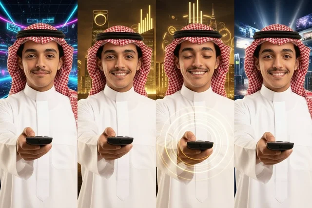 Saudi Man Holding Remote Control with Digital Backgrounds