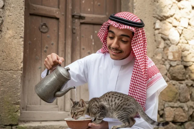 Saudi Man in Traditional Thobe Feeding Cat Outdoors