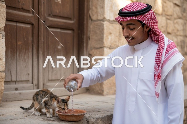 شاب سعودي يسقي قطة بالماء بملابس تقليدية