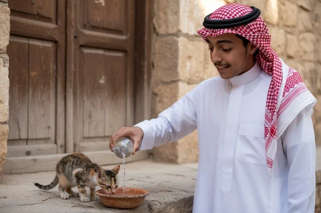 Saudi Man Pouring Water for Kitten Traditional Attire
