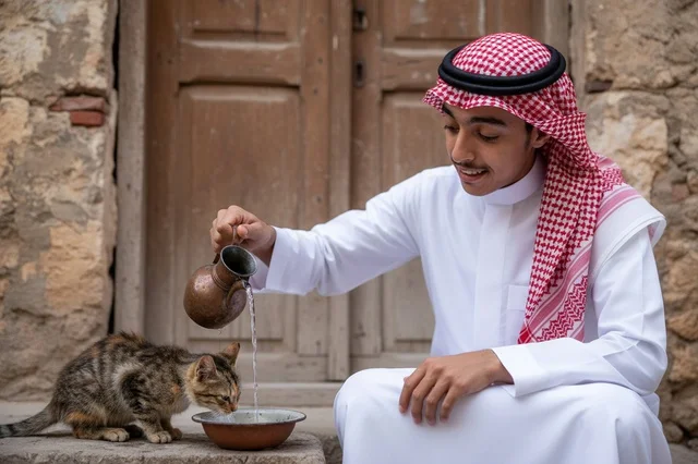 رجل سعودي بالزي التقليدي يطعم قطة
