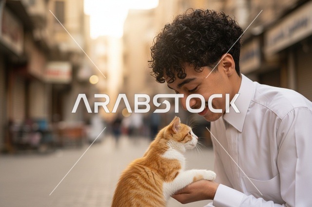 شاب سعودي بالثوب الأبيض مع قطة في وقت الغروب