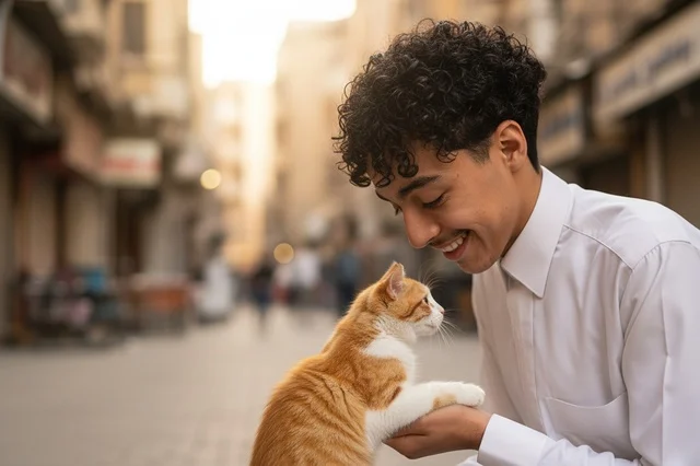 شاب سعودي بالثوب الأبيض مع قطة في وقت الغروب