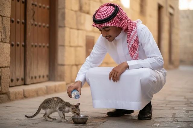 رجل سعودي بالزي التقليدي يسقي قطة في ممر تراثي