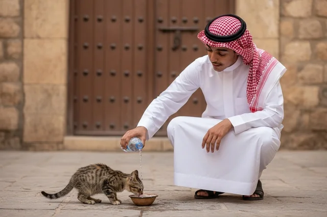 Saudi Man in Traditional Thobe Pouring Water for Kitten