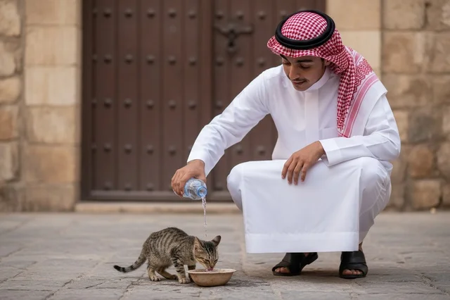 Saudi Man in Traditional Dress Feeding Cat Outdoors