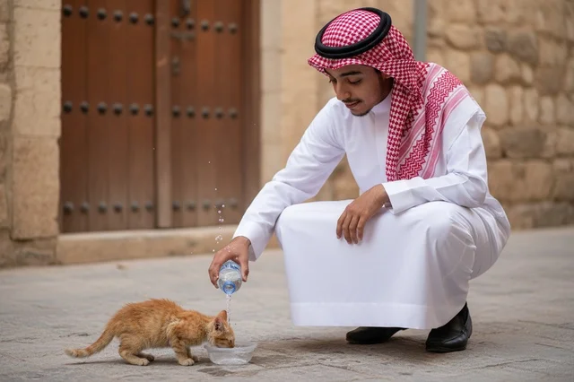 Saudi Man in Traditional Thobe Feeding a Kitten