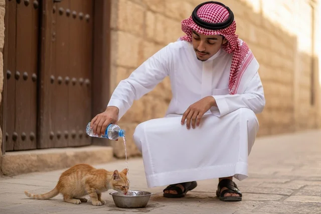 Saudi Man in Traditional Thobe Feeding a Cat Outdoors