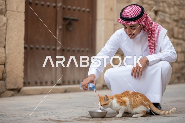 رجل سعودي بالثوب يسكب الماء لقطة في الشارع