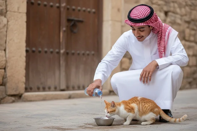 Saudi Man in Thobe Pouring Water for a Cat