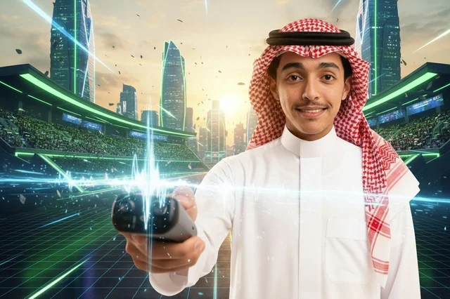 رجل سعودي بلباس تقليدي في ساحة ألعاب مستقبلية