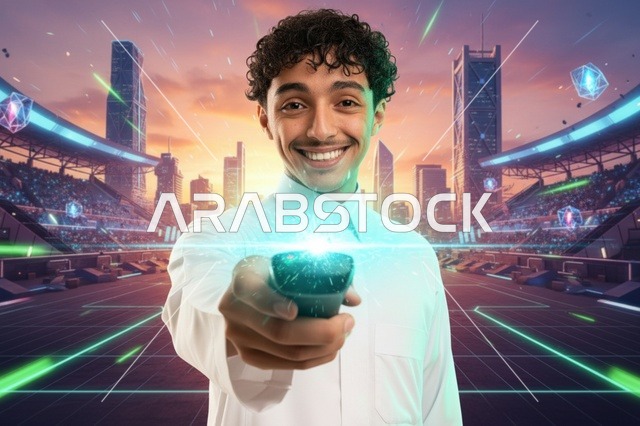 شاب سعودي يمسك جهاز تحكم في مدينة رقمية