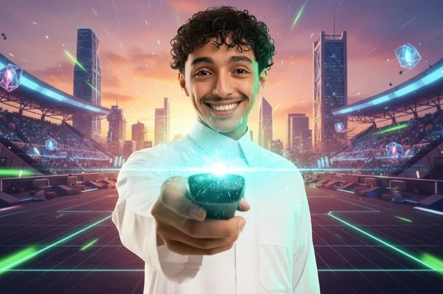 شاب سعودي يمسك جهاز تحكم في مدينة رقمية