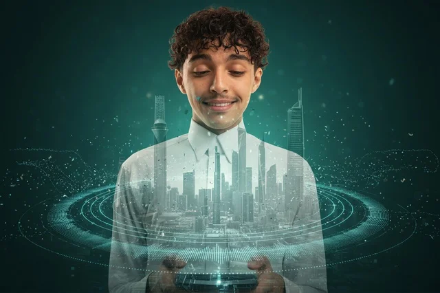 Saudi Man with Futuristic Digital Smart City Hologram