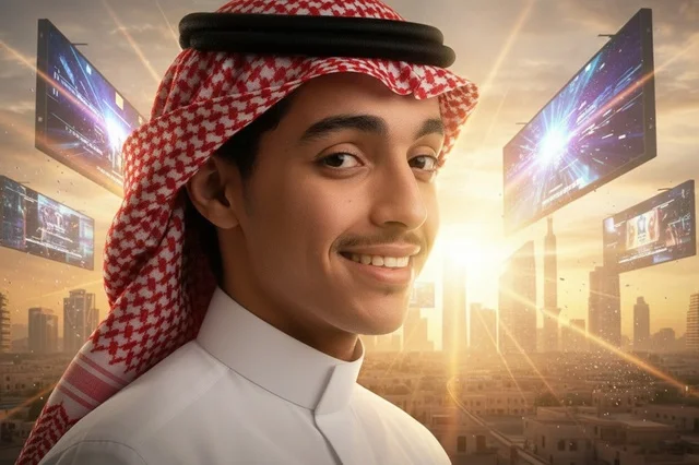 Saudi Man in Traditional Thobe and Futuristic City