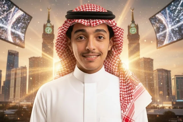 رجل سعودي بالزي التقليدي مع خلفية برج الساعة بمكة