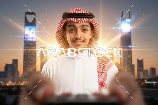 شاب سعودي أمام أفق مدينة الرياض وقت الغروب