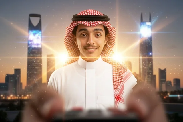 شاب سعودي أمام أفق مدينة الرياض وقت الغروب
