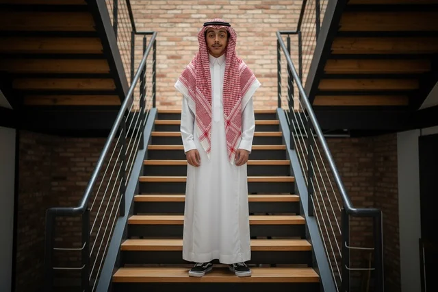 شاب سعودي بالزي التقليدي على سلم حديث
