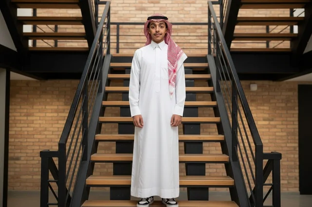 شاب سعودي بالثوب التقليدي على درج حديث