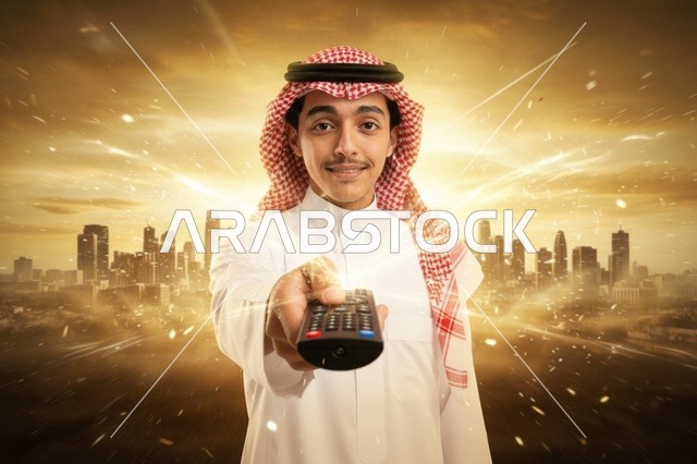 رجل سعودي مع جهاز تحكم عن بعد وخلفية مدينة ذهبية