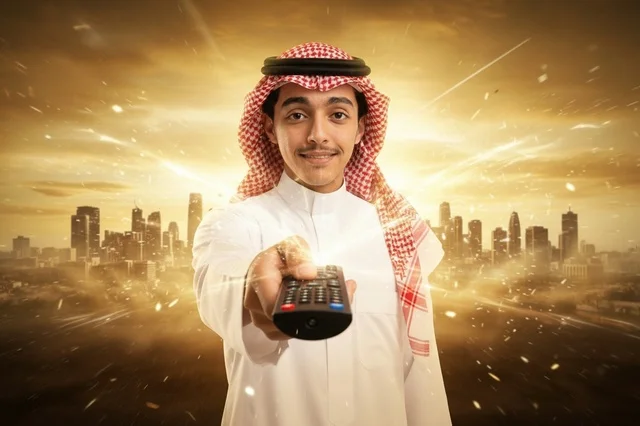 رجل سعودي مع جهاز تحكم عن بعد وخلفية مدينة ذهبية