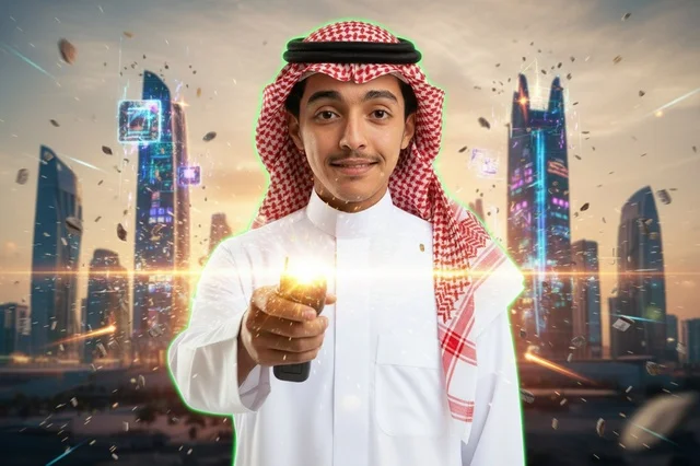 Saudi Man Gaming with Controller in Futuristic City