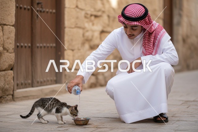 شاب سعودي بالزي التقليدي يسقي قطة في زقاق قديم
