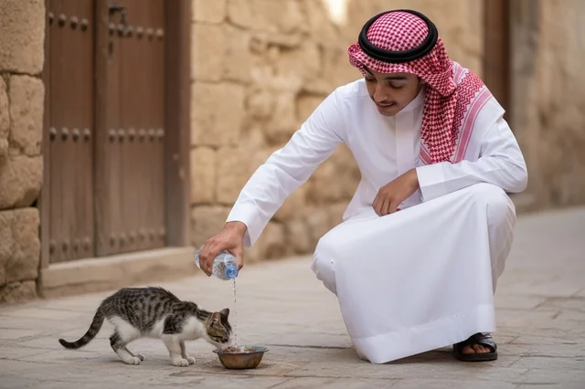 شاب سعودي بالزي التقليدي يسقي قطة في زقاق قديم
