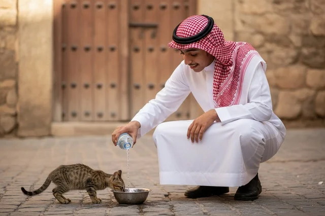 Saudi Man in Traditional Thobe Watering a Stray Kitten