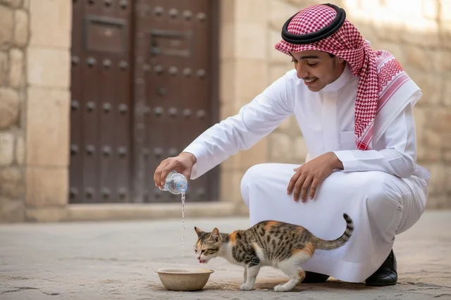 شاب سعودي بالزي التقليدي يسقي قطة في الخارج