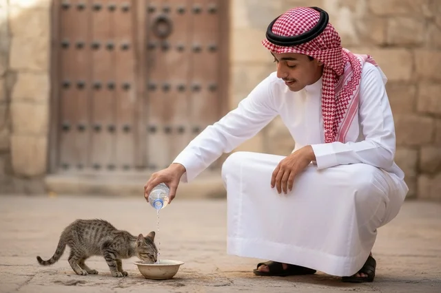 Saudi Man in Traditional Thobe Feeding Cat Outdoors