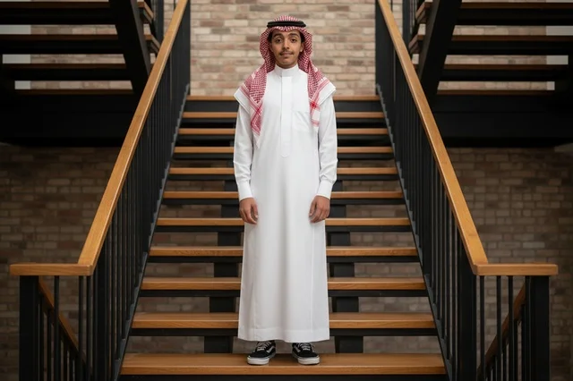 شاب سعودي بالزي التقليدي يقف على درج خشبي