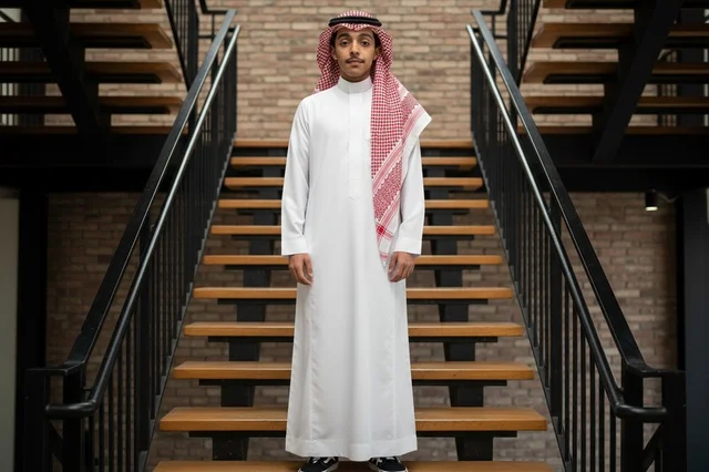 شاب سعودي بالثوب التقليدي يقف على درج خشبي