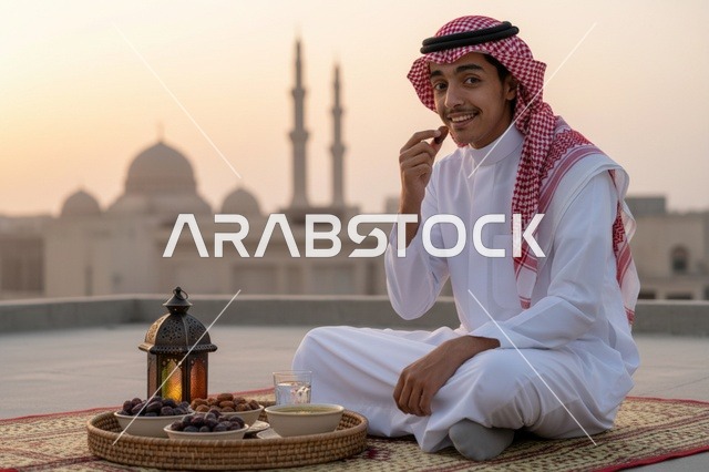 شاب سعودي يتناول التمر وقت الغروب أمام المسجد