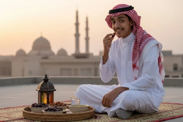 Saudi Man Eating Dates at Sunset Near Mosque