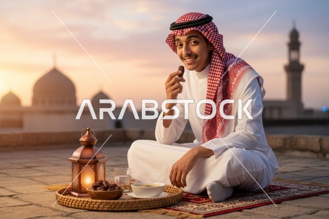 رجل سعودي يتناول التمر وقت إفطار رمضان