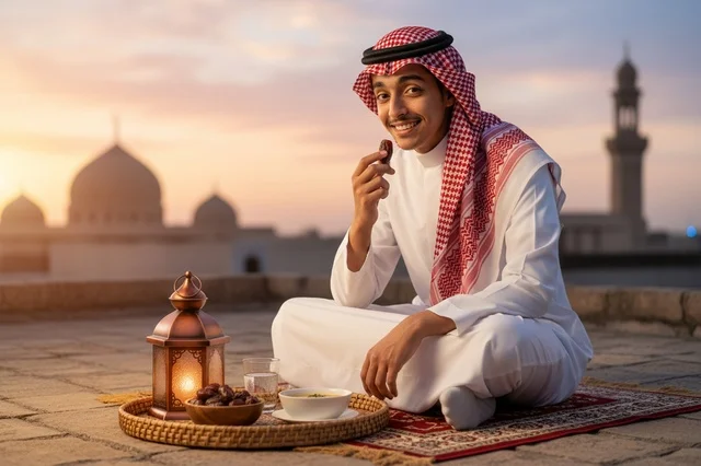 رجل سعودي يتناول التمر وقت إفطار رمضان