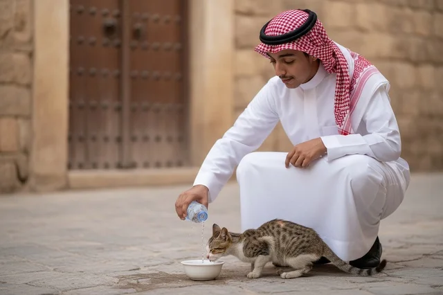 Saudi Man in Traditional Dress Feeding Stray Cat