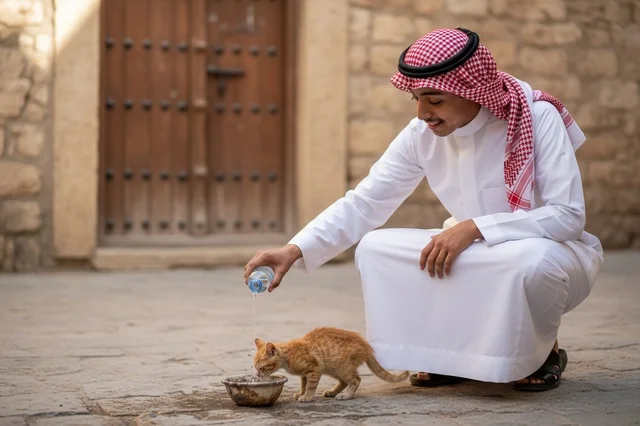 Saudi Man in Traditional Thobe Feeding Kitten