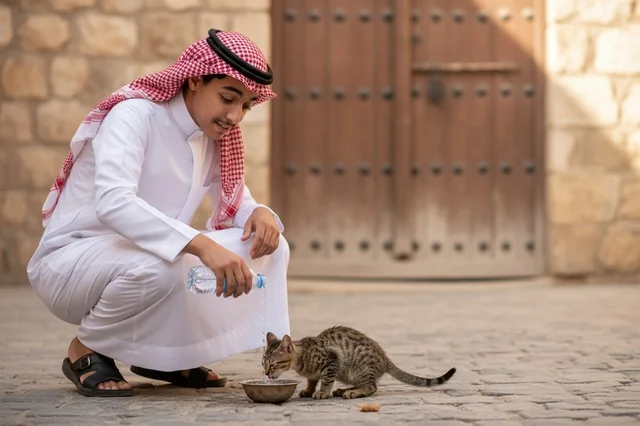 Saudi Man in Traditional Thobe Feeding a Cat